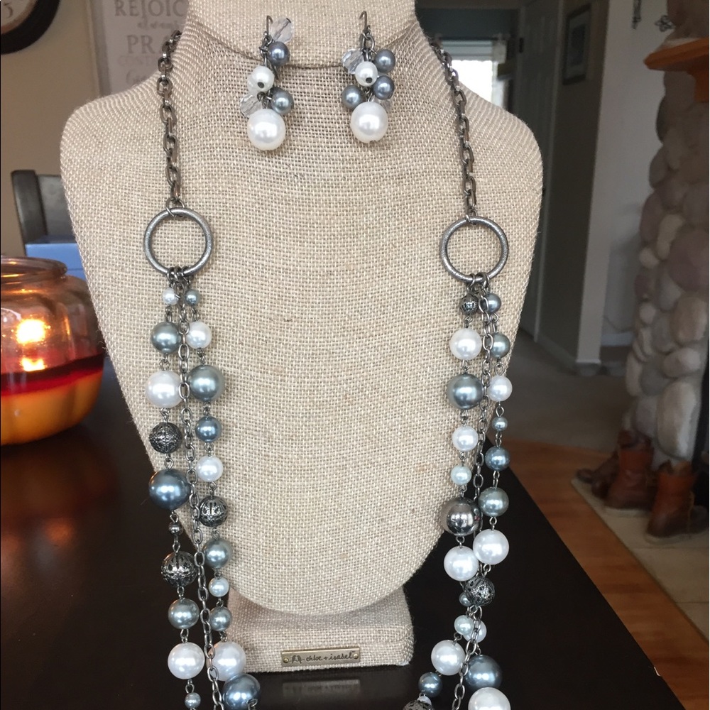 Gray and Pearl necklace with matching earrings